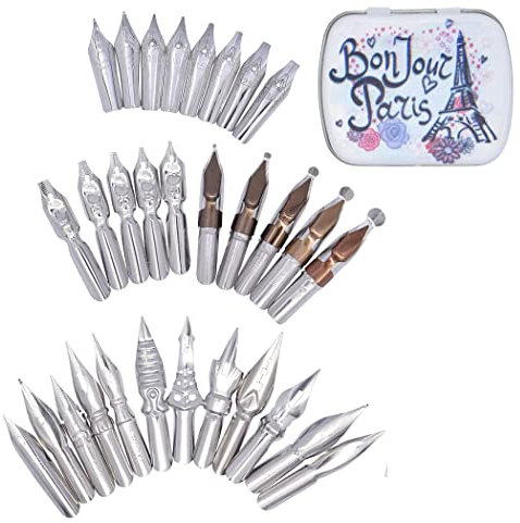 SIPLIV 30 Pieces Stainless Steel Comic Pen Nib Calligraphy Nibs for Dip Pens, Manga Nibs Fountain Pen Nibs Replacements with Steel Storage Box (Eiffel Tower)
