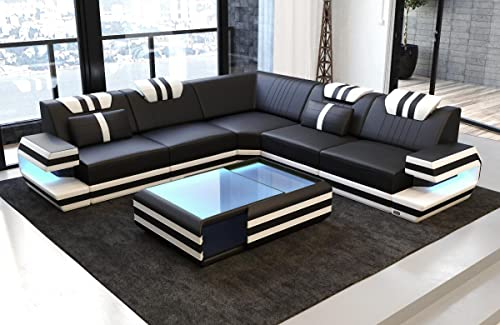 Ecksofa Ragusa Ledersofa L Form Sofa - mit LED Beleuchtung, verstellbare Kopfstützen/Lederfarben wählbar (Schwarz-Weiß)