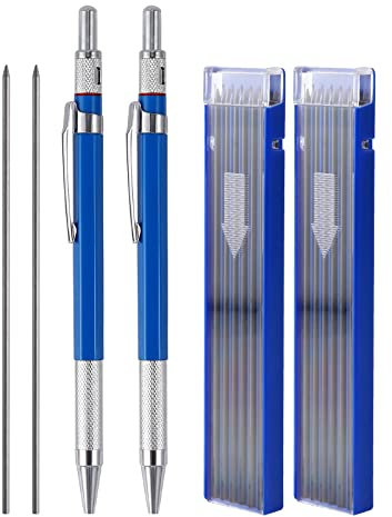 KINBOM 2 Stck Streak Bleistift Baustelle mit Eingebautem Spitzenspitzer, 24 Stck 2mm Runde Bleistiftminen, Mechanical Pencils für den Bau Metallmarker Schweißer Klempner (Blau)