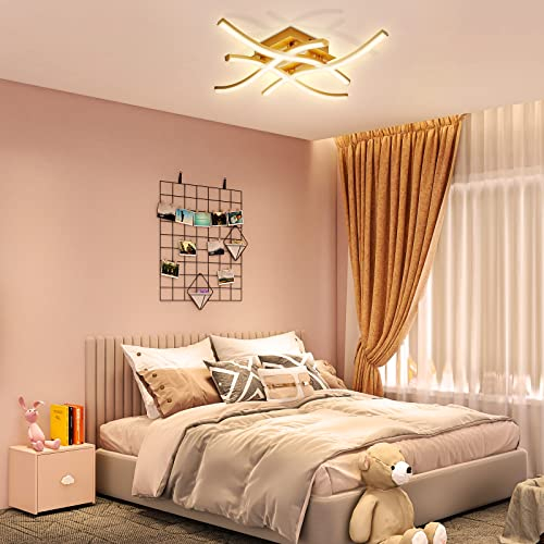 ALLOMN LED Ceiling Light, Elegant Curved Design Ceiling Lights 4 Built-in LED Boards 24W 1800 Lumen Modern LED Ceiling Lamp Ceiling Fixture for Living Room Bedroom Kitchen(Gold-Warm White)