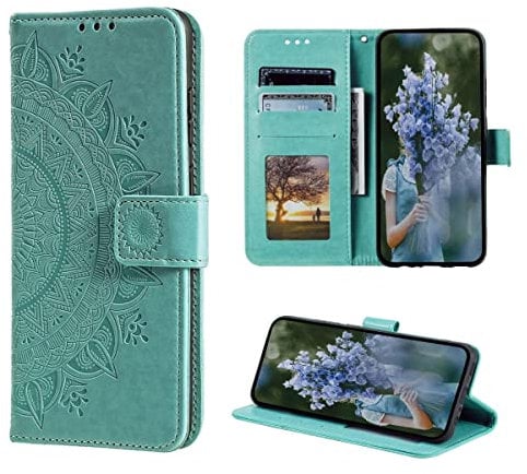 CoverKingz Handy Hülle kompatibel mit iPhone 14 Pro Max - Handyhülle mit Kartenfach Bookcover Case - Handy Tasche klappbar Motiv Mandala Grün