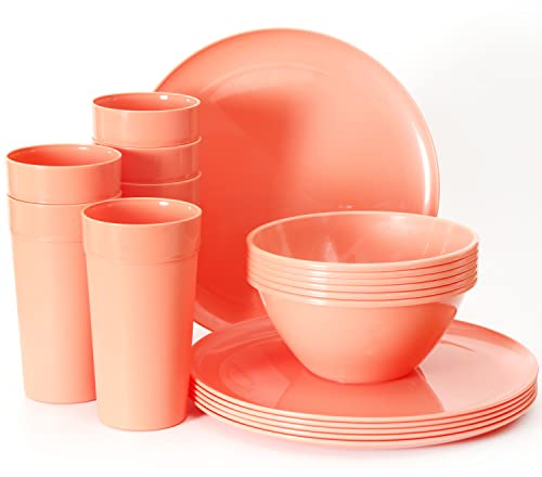 Youngever 18er Set Geschirr aus Kunststoff, Platten (25CM), Schalen (1000ML), Becher (600ML), Dienst für 6 (Peach)