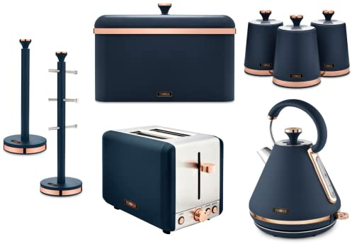 Tower Cavaletto Midnight Blue & Rose Gold Pyramid Kettle, 2 Slice Toaster, Bread Bin, 3 Canisters, Mug Tree & Towel Pole. Contemporary Matching Kitchen Set of 8 Items in Midnight Blue & Rose Gold