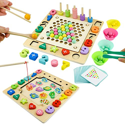 Tizund Montessori Toy 168pcs Fishing Game Wooden Beads Game, Holz Clip Beads Brettspiel, Angelspiel Clip Beads Brettspiel, Vorschule Lernspielzeug Geschenk Puzzle Board for Preschool Children