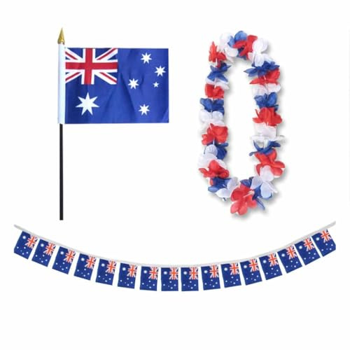 Sonia Originelli Australien Fan-Set 9 mit Tischfahne, Girlande und Hawaiikette - Fanartikel in der australischen Nationalflagge für WM, EM und Events