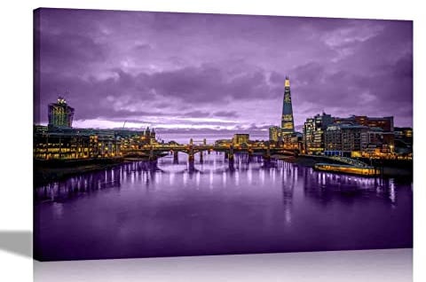 London bei Nacht mit violettem Himmel Wandbild Leinwanddruck und Bilder für Wohnzimmer, gespannt, gerahmt, Home Office Dekoration, Stadtbild, Kunstwerk, 86 x 61 cm, A1