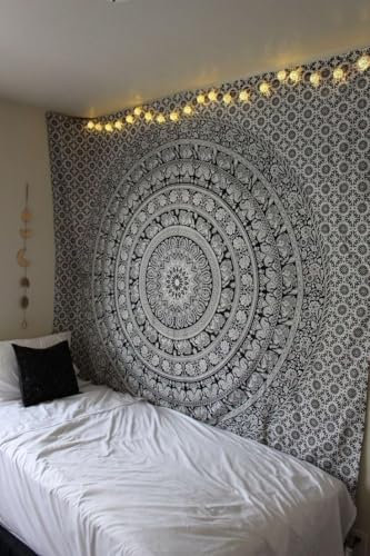 Craft Trade Mandala Schwarz und Weiß Wandteppich Indische Wandtuch Tapestry Wandbehang Boho Wandteppiche für Heimdeko Wohnzimmer und Schlafzimmer - 127 x 152 cm