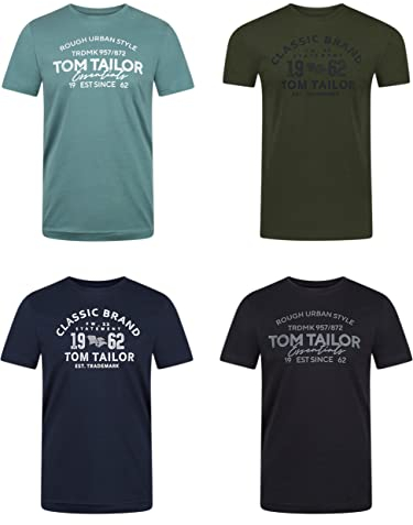TOM TAILOR Tshirt Herren Baumwolle Regular Fit 4er Pack Set Rundhals Kurzarm Sommer Tee Shirt Logoprint 100% Baumwolle, Größe:M, Farbe:Woodland Green (10373)