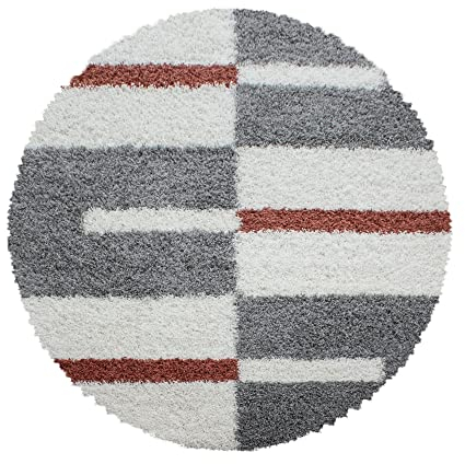 Carpetsale24 Teppich Wohnzimmer Moderne Kariert Design Shaggy Flokati 80 cm Rund Terrakotta-Creme - Hochflor Teppich Schlafzimmer Extra Weich Pflegeleicht - Langflor Flauschiger Teppich Runder