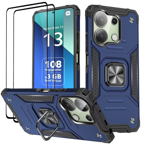 KANSi Hülle für Xiaomi Redmi Note 13 4G (Nicht 5G), Schutzfolie [2 Stück] Silikon TPU Hart PC Handy Hüllen 360 Grad Drehbar Ringhalter Bumper Stoßdämpfung Schutzhülle - Blau