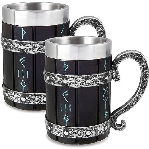 Tioncy 2 Pcs Nordic Viking Rune Mug Tankard Stainless Steel Resin 3D Norse Decor Gothic Coffee Beer Stein Mug Cool Novelty Viking Cup Poetic Gifts for Men Drinking Party Decorations, 18 oz
