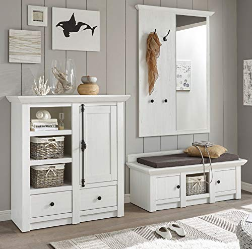 Furn.Design Garderobe weiß Pinie Landhaus Flur Diele Schränke komplett Set 3 teilig Hooge mit Schuhschrank, Wandhaken und Sitzbank (Garderobenset + 4X Flechtkorb)