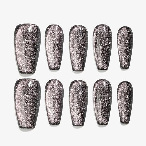 Sun&Beam Nails Handmade Press-On Medium Long Coffin Ballerina with Black Pink Cat Eye Design Charm Cute False Nail Tips 10 Pcs (#106 L)