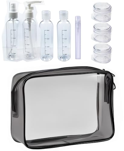 Set Borsa da Toilette Trasparente e Bottigliette da Viaggio per Aereo, Contenitori per Liquidi, Beauty Case da Viaggio, Trousse Trasparente, Busta e 8 Pcs Bottiglie Set per Cosmetici, Kit da Aereo