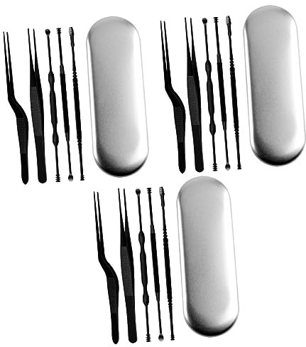 Healeved 18-teiliges Ergonomisches Ohrreinigungswerkzeug-Set Ohrstöpsel Aus Edelstahl Pinzette Mit Enden Für Die Reinigung des Innenohrs Kratzfester Und Rutschfester Griff Schwarz