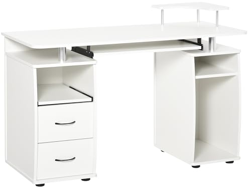 HOMCOM Escritorio con Estanterías Mesa de Ordenador con 2 Cajones Bandeja de Teclado Extraíble y Soporte para Monitor CPU para Oficina Estudio 120x55x85 cm Blanco