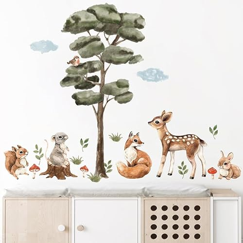 Cartoon Tiere, Elefanten, Zebras, Giraffen, Aufkleber, Bäume, Vögel, Schlafzimmer, PVC dekorative Aufkleber (Grüner Baum)