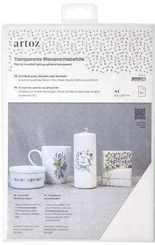 Artoz Transparente Wasserschiebefolie - DIN A4-10 Bogen - für Inkjetdrucker - Anwendung auf Keramik, Glas, Holz, Metall, Kunststoff, Kerzen, Seife und mehr