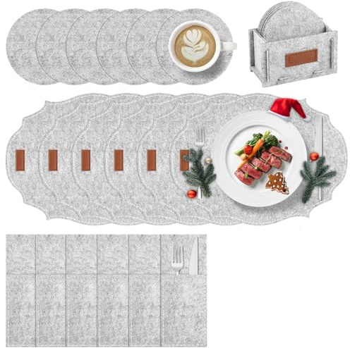 Witnewrage Tischsets Filz Platzsets Abwaschbar - 19er Set: 6 Rutschfeste Platzdeckchen, 6 Untersetzer, 6 Bestecktaschen, 1 Filzbox - Polygon, Hellgrau
