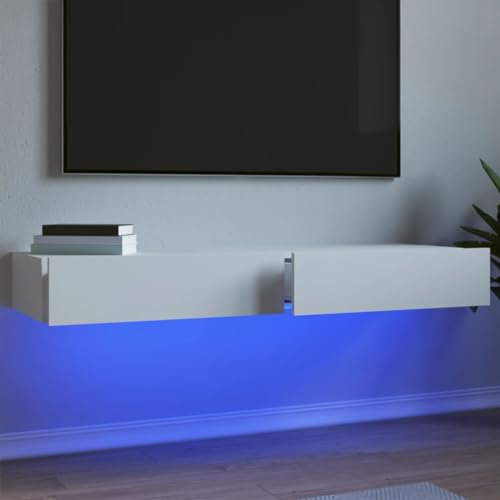 Canditree Meuble TV Suspendu avec Lumière LED, 120 cm Meuble TV Suspendu avec 2 Tiroirs, Meuble TV Flottant, Meuble TV Mural (Blanc)