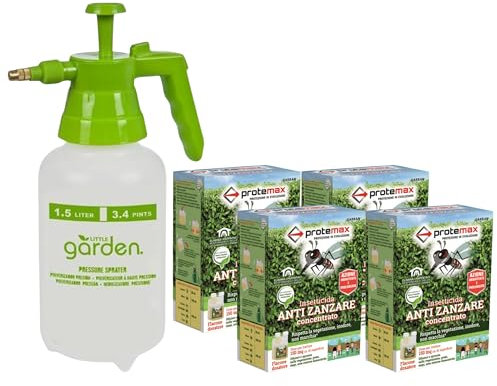 Kit Insetticida: 4x Insetticida Anti Zanzare Concentrato, Con Flacone Dosatore, Dose Per Trattare 150mq ca. Di Superficie + Nebulizzatore a Pressione 1,5L