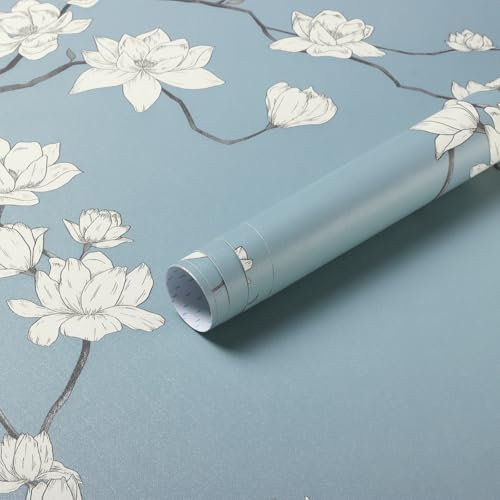 Fiula Blue Self Adhesive Wallpaper Floral Peel and Stick Wallpaper 44CMx3M Vinyl Wrap Flower Sticky Back Plastic Waterproof for Wall Furniture Living Room Bedroom Bathroom Pastoral Style Contact Paper