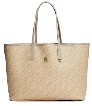 Tommy Hilfiger Tragetasche aus Leder mit Monogramm und Reißverschlusstasche, Beige, Einheitsgröße