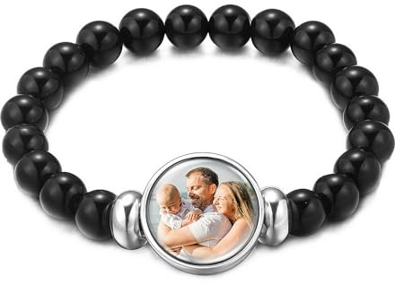 OTXIXTO Personalisiertes Naturstein-Armband für Damen Herren 8mm Runde Perlen Stretch-Armband Individuelle Naturkristall-Armband mit Bild/Text Verstellbare Perlenarmband Chakra-Armbänder Schmuck