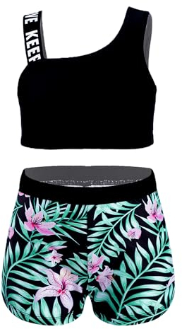 iEFiEL Mädchen Blumenmuster Tankini Set Hawaii Badeanzug Bademode Zweiteiler Badebekleidung Set Sportlich Gymnastikanzug Grüne Lilie 158-164