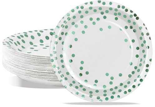 AIPartywar Piatti di carta per feste, confezione da 50 piatti usa e getta, bianco verde, a pois, 18 cm, per laurea, matrimonio, festa di compleanno