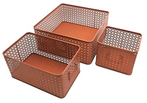 Box and beyond - Lot de 3 Paniers de Rangement - 32 x 32 x 14 cm - Métal Terracotta - Motif Cannage - Rangement, Déco - Cuisine, Séjour, Salle de bain, Salon, Chambre - Style Moderne et Chic