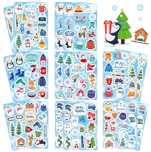 Winter Aufkleber für Kinder, Fyvadio 262pcs Winterurlaub Aufkleber mit Skifahren Elch Schneemann Weihnachtsbaum Pinguin, Hallo Winter Schneeflocke Aufkleber Dekor für Umschläge Karten Scrapbooking