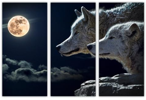 AREDE 3er Set Wandkunst Gemälde Bild Poster Wölfe bei Vollmond | 90 x 60 cm | Wandbilder Wanddekoration Home Office Wohnzimmer Schlafzimmer Dekoration | Fertig zum Aufhängen