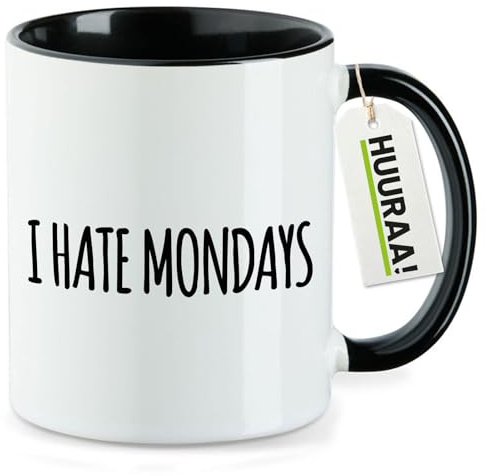 Huuraa Kaffeetasse I hate mondays Schriftzug Geschenk | Motivtasse 330ml Schwarz Keramik Tasse mit Spruch Kaffeebecher Geschenkidee Becher mit Motiv