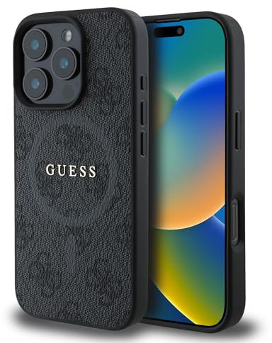 CG MOBILE Guess HC Handyhülle Entwickelt für iPhone 16 Pro Max, langlebig, stoßfest, kompatibel mit Magsafe, PU 4G Ring Classic Logo Hülle Schwarz