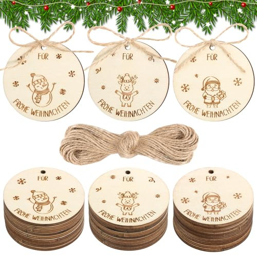 BOFUNX 30 Stücke Holz Geschenkanhänger Frohe Weihnachten Holzanhänger Weihnachtsmann Schneemann Rentier Weihnachtsanhänger Rund Geschenketiketten für Weihnachten