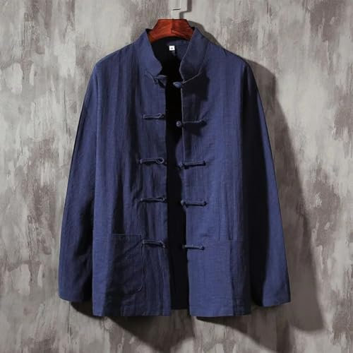 1) Veste traditionnelle chinoise Kung Fu Tai Chi pour homme, couleur unie, manches longues, boutonnée (M bleu marine)