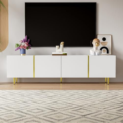 PUGSDRLY Meuble TV Bas avec 4 Portes,Meuble TV avec Rangement,Design élégant et Moderne,Surface très Brillante,Pieds dorés,170x35x46cm (Blanc)