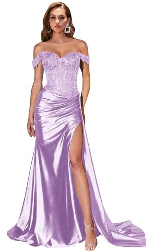 Women's Off Shoulder Satin Prom Dresses Lace Appliques Evening Party Gown Corset Mermaid Formal Dress Lilac