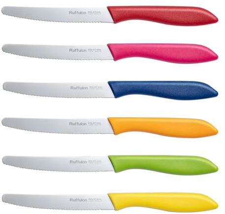 Ruffulon Brotmesser,6 teilig Brötchenmesser Set mit Wellenschliff,Küchenmesser aus Edelstahl,23 cm,Scharfe Brot Messer Set,Ergonomischem Griff,Bunte Messerset,Spülmaschinenfest