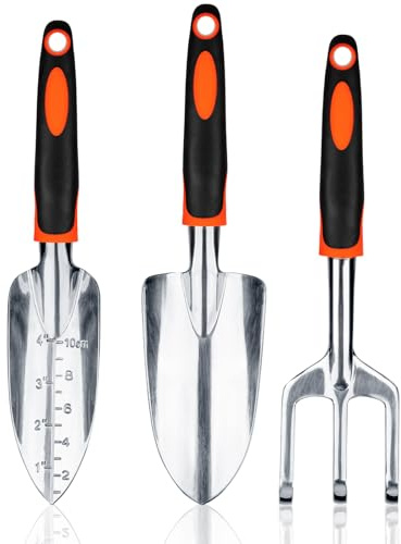 Bamworld Set di 3 Attrezzi da Giardino Resistente, Kit Giardinaggio in Lega di Alluminio con Impugnatura Ergonomica, Include Pala, Trapiantatore e Rastrello per Piantumazione e Prato, Arancione