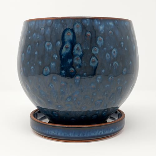 Maceta de cerámica Ocean Stone – Maceta hecha a mano con forma abierta y esmalte natural azul – Maceta para plantas de interior y decoración, diámetro de 18 cm
