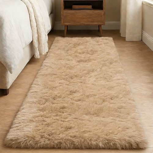JOYARR Hochflor Läufer Teppich, Flauschig Waschbar Anti-Rutsch Teppiche für Schlafzimmer Bettvorleger Flur Wohnzimmer, 60x180 cm, Beige