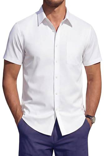 HISDERN Chemise Homme Manches Courtes Stretch sans Repassage Regular Fit Business Décontracté Chemise d'Été Habillée avec Poche Blanc 2XL