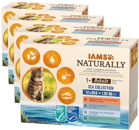 IAMS Naturally Katzenfutter Nass in Sauce - hochwertiges Nassfutter mit Fisch für Erwachsene Katzen, Sea Collection, 12 x 85 g (Packung mit 4)