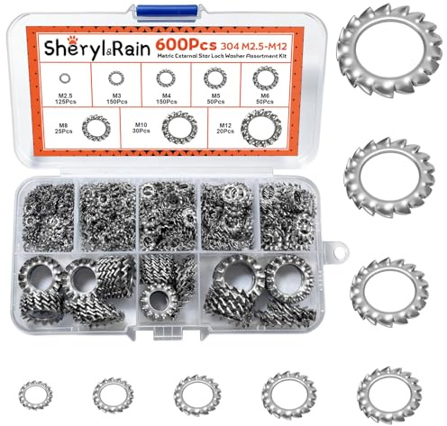 600Pcs External Tooth Lock Washers, 8 Size Stainless Steel Star Tooth Lock Washers, Shakeproof External Serrated Tooth Washer, M2.5 M3 M4 M5 M6 M8 M10 M12,for Automobiles, Ships, Mechanical Equipment