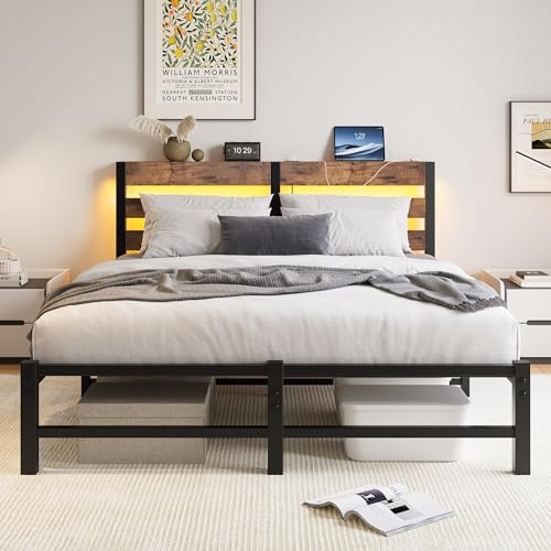 LANTRO JS Bett 140x200cm mit RGB LED Beleuchtung und USB Ladestation, Bettgestell mit Stauraum, Kopfteil mit Ablage, Stabiler Metallrahmen, Ohne Matratze, Braun