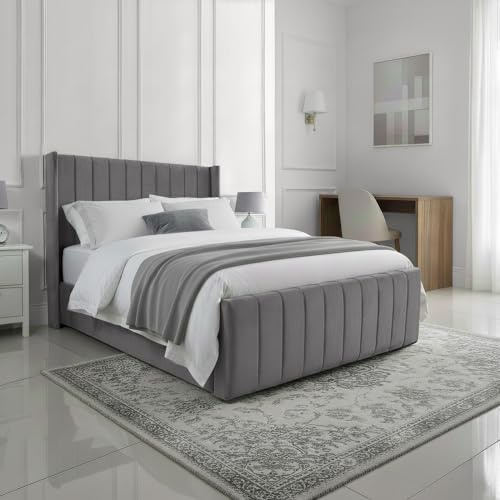 Super King Size Upholstered Ottoman Gas Lift Bed Frame in Plush Grey Fabric - Strong Structure, Easy to Clean, Ample Storage Space, Includes Option for Mattress - Functional Bedroom Solution