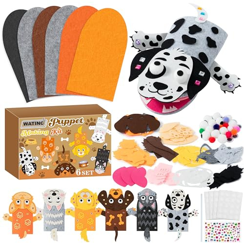 6-teiliges Handpuppen Bastelset, Kunsthandwerk Filz Sockenpuppen Spielzeug, Kreatives DIY mit Pompons & Wackelaugen, Geschichtenerzählen Rollenspiel Partyzubehör Geschenk für Mädchen Jungen (Hund A6p)