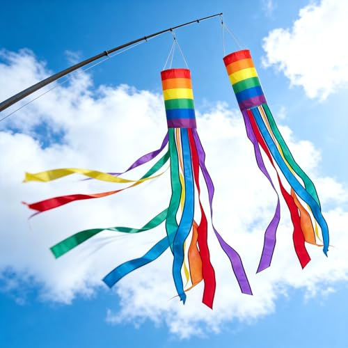Solihigh 2 Pcs Rainbow Windsock, Outdoor Wind Sock Colorful Spiral Pride Decorations, Hanging Wind Chimes, Cylinder LGBTQ Rainbow Flags for Garden Backyard Tent Caravan Camping